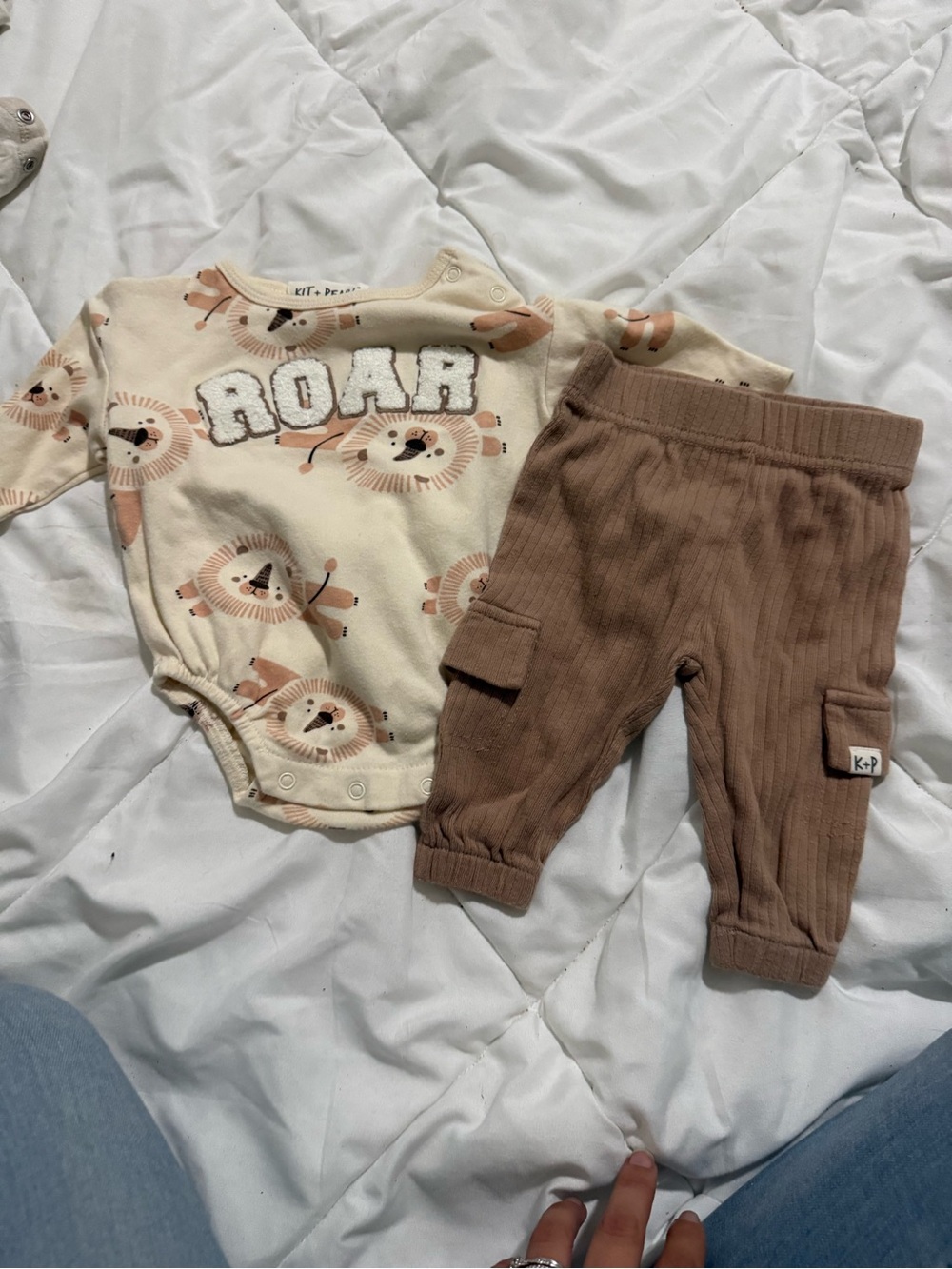 Neutral Lion 'ROAR' Bodysuit & Brown Ribbed Joggers Set